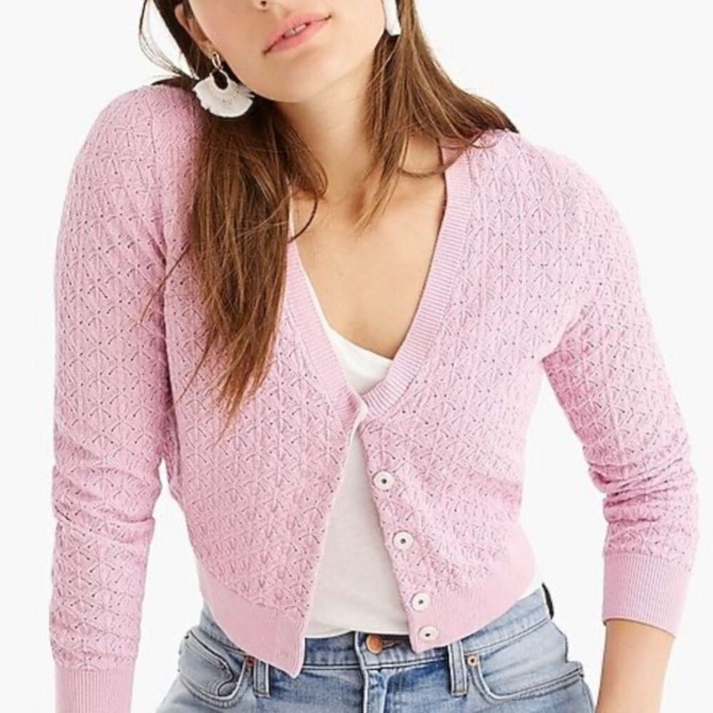 J.Crew Women Size S Pink V-neck Pointelle Knit Cardigan Cropped Sweater Preppy